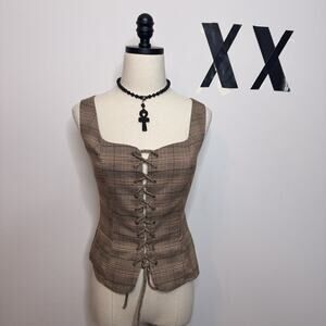 Vintage Y2K Brown Plaid Lace Up Corset Vest Academia Goth Indie Top Fairy M